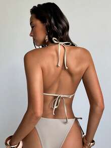 Aloruh Bộ bikini nữ mùa xuân/hè màu kaki trơn mới, đính hạt cườm, kiểu bohemian, cúp ngực tam giác nhỏ, đáy buộc dây, bộ đồ bơi nữ, trang phục đi biển nữ, đồ nghỉ dưỡng nữ. - Màu Khaki - Xem 3