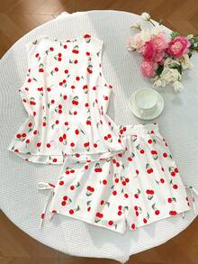 GlowEve Cherry Print Tie-Front Casual Vacation Women Shirt And Elastic Waist Shorts Two Pieces Set - White - View 2