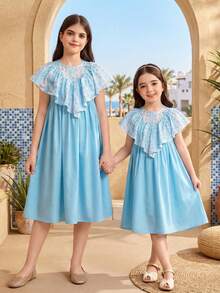 SHEIN Young Girl Casual Ruffle Embroidered Dress - Blue - View 3