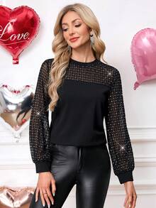SHEIN Clasi Women's Elegant Commuter Patchwork Rhinestone Mesh T-Shirt Black Mesh Top - Black - View 4