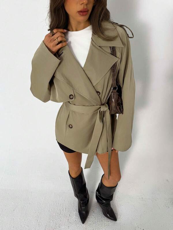 Aloruh Solid Color Double-Breasted Belted Mid-Length Trench Coat