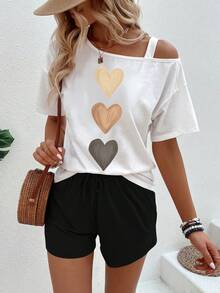 EMERY ROSE Set de 2 piezas con pantalones cortos y blusa de manga corta con hombros asimétricos y estampado de corazón, en blanco y negro, caliente para vacaciones de primavera/verano - Multicolor - Ver 4