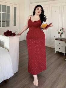 Dazy Plus Plus Size Women Polka Dot Elastic Tight Fitting Sleepwear Dress With Elegant Bow Decor, Red - Burgundy - View 8