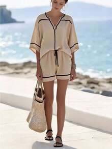 EMERY ROSE Women's Elegant Fashion Commuter Casual V-Neck Contrast Trim Loose T-Shirt + Shorts 2 Pieces Set - Apricot - View 6