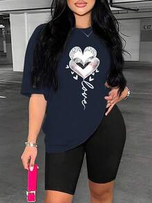 SHEIN Áo thun nữ in họa tiết thời trang mới, dáng rộng, tay ngắn, phong cách thường ngày. - Màu xanh hải quân - Xem 4