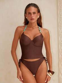 Swim Chiccia Sexy Women's Short Brown Tankini Top And Bikini Bottom With Halter Neckline - Brown - View 5