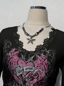Attitoon Kaos Lengan Panjang Kasual dengan Leher V Dalam dan Hiasan Renda, Cocok untuk Musim Gugur/Dingin, Gaya Vintage, Y2K, Motif Hati untuk Musim Semi - Hitam - View 3
