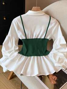 GlowEve Blusa de 2 en 1 con botones y dobladillo de peplum en bloques de color - Verde - Ver 2