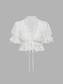 SHEIN MOD 女士蕾丝泡泡袖V领黑色上衣和波西米亚风迷你裙，趣味衬衫，休闲假日，情人节服装，夏季假期，夏季，早午餐，情人节，女士海滩装，情人节女士装，海滩度假，性感邮轮女士装，复活节 - 白色 - 查看 9