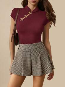 Poéselle 女士金属扣立领修身优雅T恤 - 酒紅色 - 查看 8