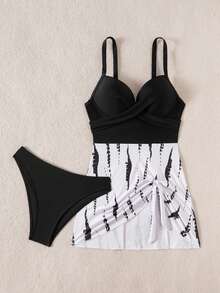 Swim Lushoire 女士夏季沙滩度假吊带比基尼，收腹塑形模杯不可拆卸衬垫钢圈聚拢分体式泳衣比基尼泳裤 - 黑與白 - 查看 5