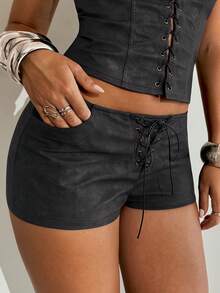 Aloruh Women's Y2K Vintage Pu Leather Washed Retro Low Waist Distressed PU Mini Shorts,Rave Rave Festival - Black - View 9