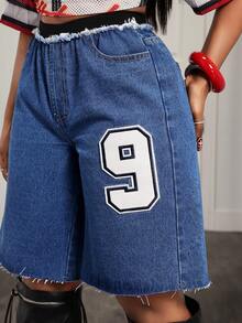 BamGleam Women's Fashionable Digit Patch Loose Denim Shorts, Summer - Dark Wash - View 7