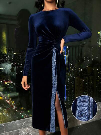 Balvessa 海军蓝丝绒腰部褶皱开衩亮片拼接优雅派对连衣裙，女士款
