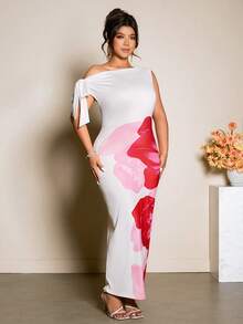 Cravure Spring/Summer Ombre Floral Placement Print Asymmetric Shoulder Bowknot Waist Fitted Long Dress, Elegant & Sophisticated, Suitable For Work, Casual Wear, And Special Occasions - Multicolor - View 4