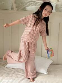 DAZY Young Girl Striped Short Sleeve Zip Front Hoodie And Pants Loungewear Set - Pink - View 2