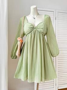 Comfortcana Plus Size Casual Pleated Long Sleeve Dress, Autumn/Winter - Green - View 1