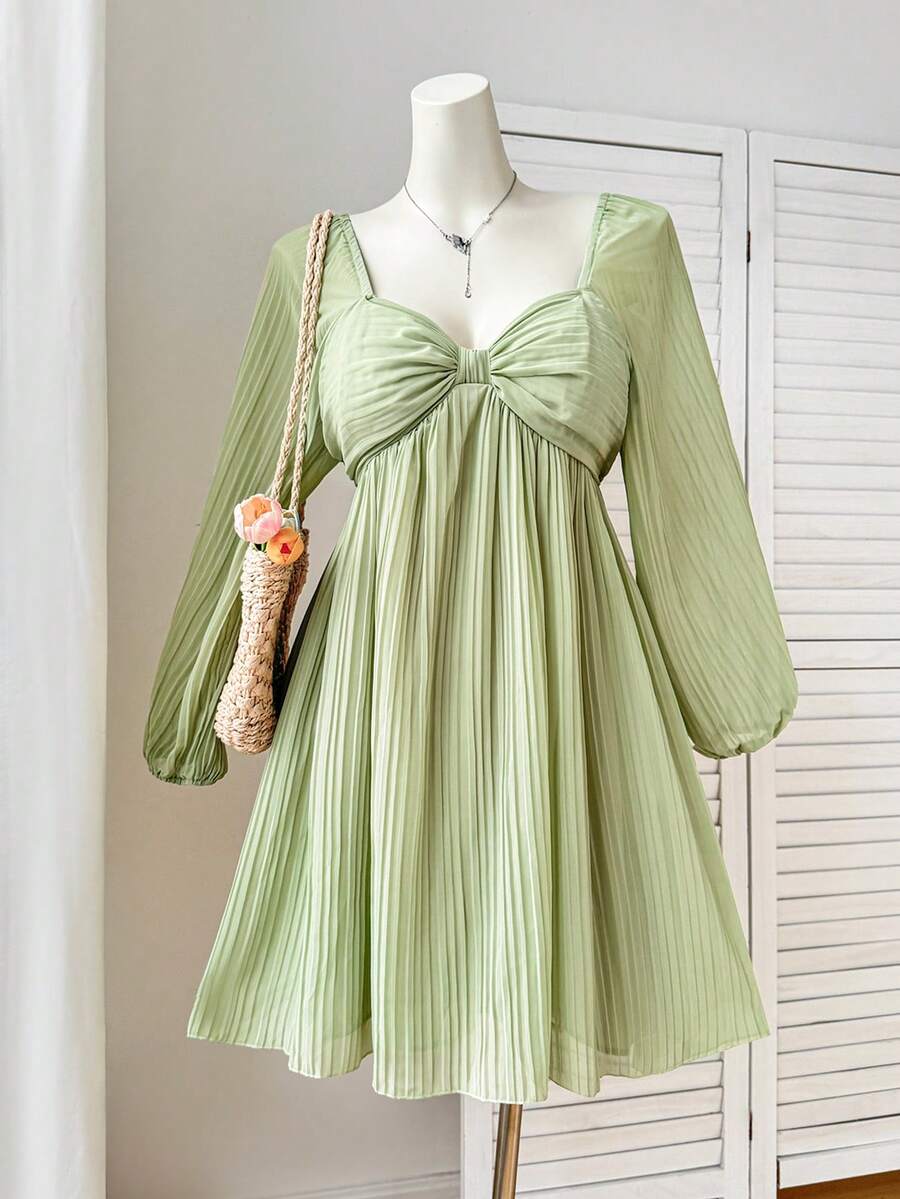 Comfortcana Plus Size Casual Pleated Long Sleeve Dress, Autumn/Winter - Green - View 1