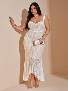 SHEIN BAE Đầm dáng ôm vừa vặn, cổ tim, đuôi cá, ren dành cho nữ cỡ lớn, thích hợp cho kỳ nghỉ, hẹn hò, tiệc tùng. - Nhiều màu - Xem 3