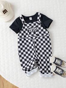 SHEIN Unisex Baby Checkered Suspender Pants, Casual & Cute, Spring/Summer Baby Boy Clothes, Streetwear - Black and White - View 5