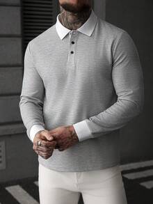 Manfinity Homme Men's Contrast Color Long Sleeve Casual Commuter Polo Shirt - Grey - View 7