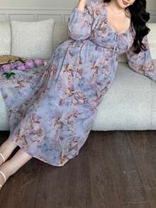 Dazy Plus V-Neck Floral Print Lantern Sleeve Tie-Waist Dress, Vacation Style, Spring/Summer - Teal Blue - View 5