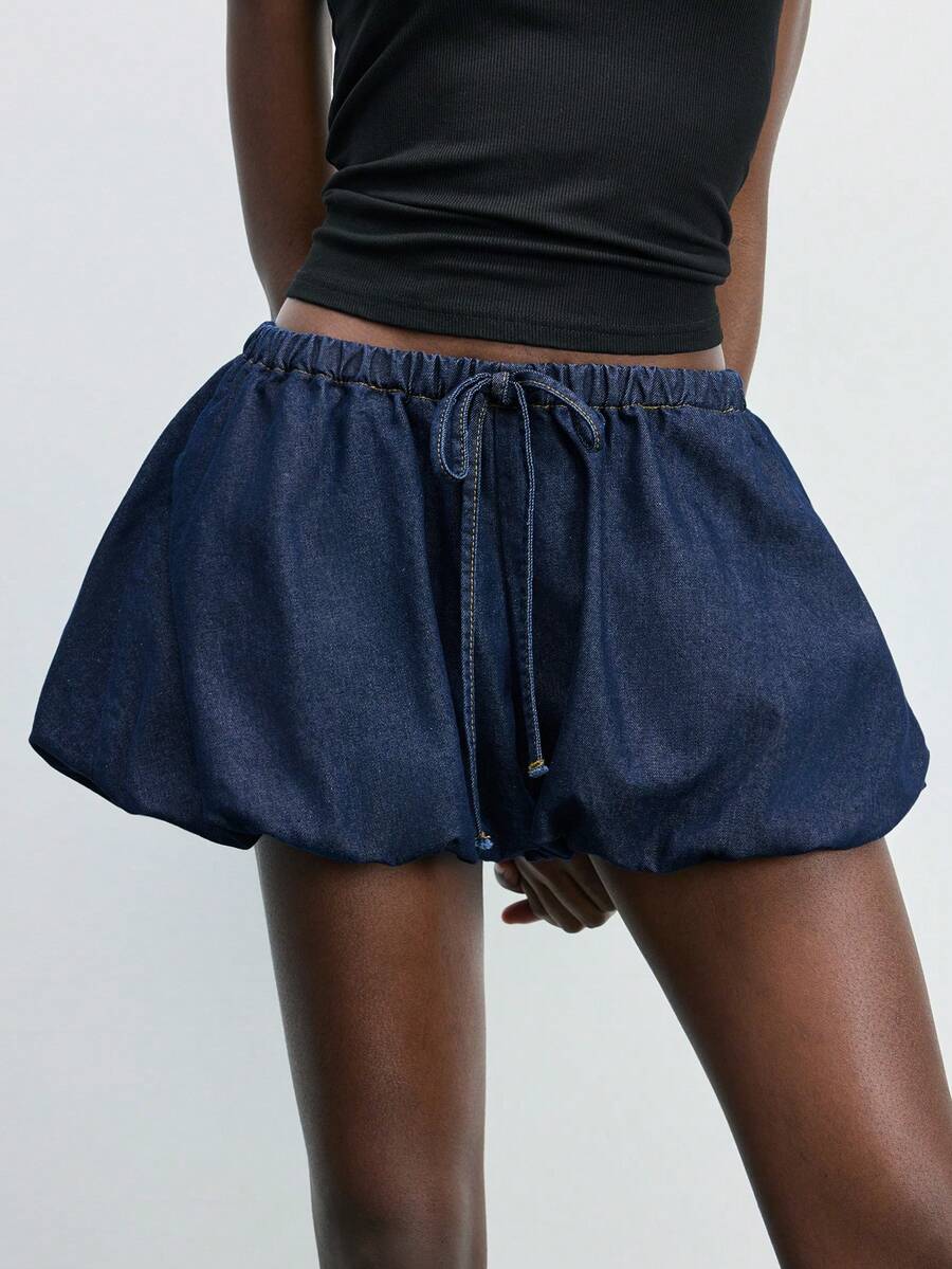 Maija 女士休闲日常通勤打结低腰泡泡牛仔短裤，夏季 - 深色水洗藍 - 查看 1