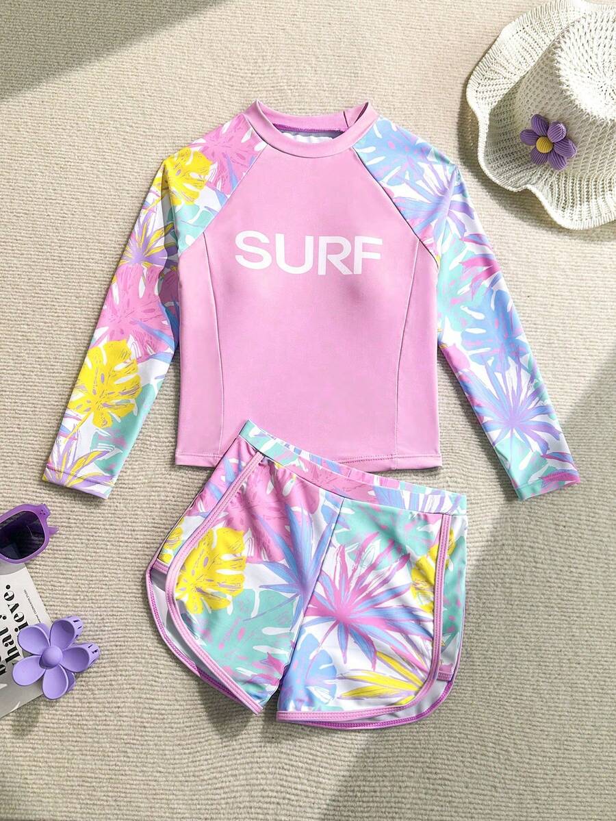 SHEIN 新款时尚女童字母拼接印花泳衣套装