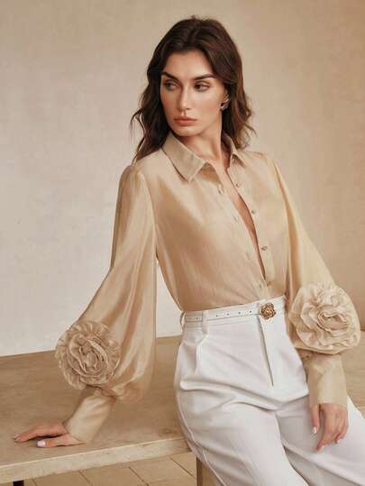  Anewsta Elegant Vår/Sommar Damblus med Långärmad Puffärm och Blommig Dekor, Lätt och Normal Passform