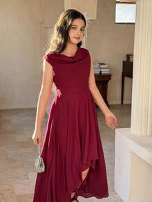 DAZY Tween Girl Solid Color Asymmetric Hem Elegant Dress - Burgundy - View 4