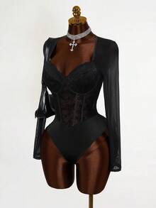 BamGleam Women's Lace Cup Long Sleeve Bodysuit, Versatile & Minimalist, Suitable For Autumn/Winter