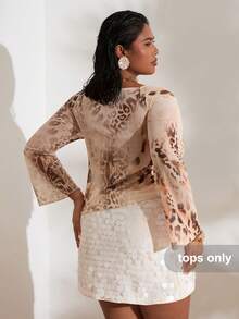 SHEIN BAE Plus Size Women's A-Line Flared Sleeve, Leopard Print Blouse Tops With Sleeves Tops Plus Size Leopard Tops Cheetah Tops - Multicolor - View 2