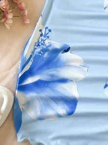 SHEIN 少女休闲简约舒适优雅波西米亚热带条纹扭结迷你连衣裙 - 藍色 - 查看 3