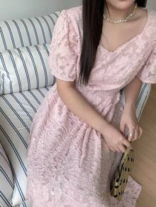 Dazy Plus Plus Size Floral Print Square Neck Textured Fabric Waist Cinched Maxi Party Dress, Pink, Spring/Summer Vacation Sundress - Pink - View 7