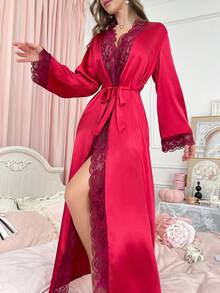 Côtesoire Valentines Red Lace Long Robe Nightgown Babydoll For Women Luxe Loungewear, Cozy And Elegant Details, Fall & Winter - Burgundy - View 5