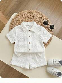 SHEIN 2pcs/Set Young Boys Casual College Style White Solid Hollow Knit Soft Polo Collar Short Sleeve Cardigan And Contrast Color Cuff Folded Comfortable Shorts, Suitable For Spring/Summer, Daily Wear, School, Travel, Holiday, Party - White - View 4