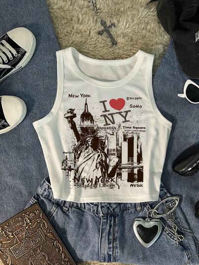 Glimmora Letter & Graphic Print Casual Round Neck Tank Top, Summer