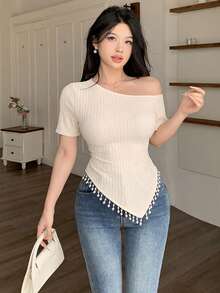 Modelyn Apricot Jacquard Asymmetric Collar Pearl Tassel Elegant Casual T-Shirt, Suitable For Dates And Outings In Autumn - Apricot - View 7