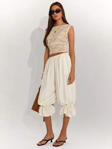 SHEIN BAE 女士纯色弹力腰荷叶边七分裤 - 杏色 - 查看 3