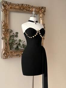 Lovelzi Robe de cocktail courte élégante et luxueuse en tricot patchwork à franges avec broderie de perles noires, décoration dégradée de sequins fait main, coupe bustier évasée - Noir - Voir 7