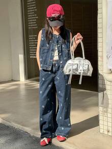 Dazy Kids Tween Girls Bow Print Casual Open Front Vest And Loose Fit Denim Pants Jeans Set, Fall - Dark Wash - View 1