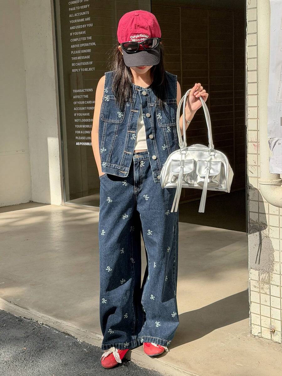 Dazy Kids Tween Girls Bow Print Casual Open Front Vest And Loose Fit Denim Pants Jeans Set, Fall - Dark Wash - View 1