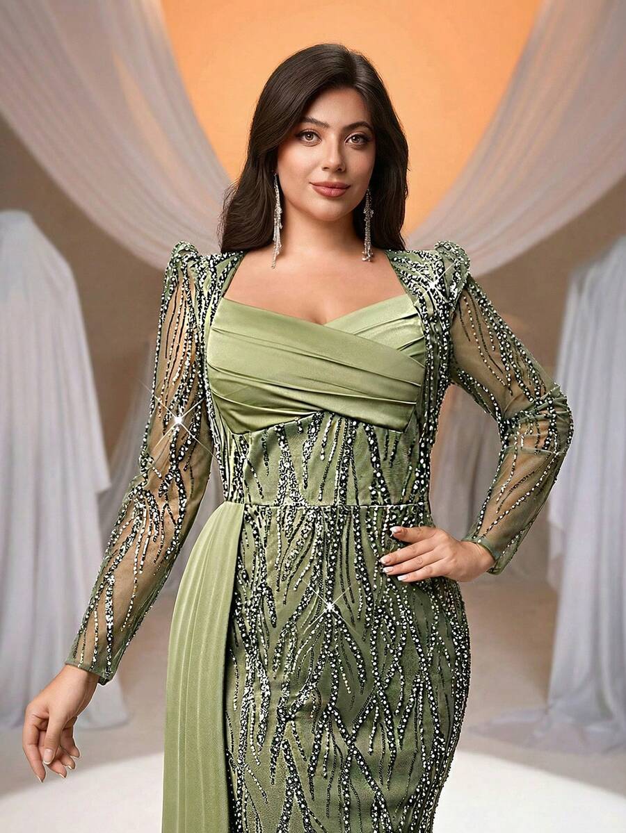 Glamrae Plus Size Sage Green Elegant Spring Wedding Dress, Asymmetric Neckline Sequin & Mesh Mermaid Evening Gown With Side Drape For Party Events