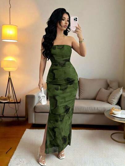 Rafferiza Women's Elegant Ruched Tie Dye Mesh Print Cinched Waist Strapless Party Split Dress