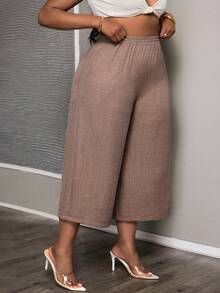 SHEIN PETITE CURVE بنطلون واسع الساق ذو خصر مطاطي لون سادة عصري، بنطلون كابري واسع الساق، بنطلون صيفي واسع الساق، للحياة اليومية، التنقل، الحفلات، التخرج، المكتب، المواعدة، الصيف للنساء، الشاطئ، الخروج، كاجوال للنساء - بني - مشاهدة 5