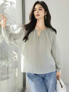 Heiryn Blusa elegante de mujer con cuello de ojo de cerradura y mangas raglán de unicolor - Gris - Ver 6