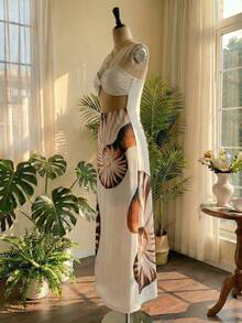 Women's Summer Vacation Casual Printed Spaghetti Strap Dress - White - View 3