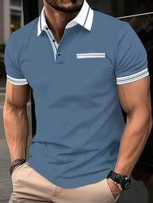 Manfinity Homme Men's Striped Short Sleeve Casual/Business Polo Shirt, Haze Blue - Dusty Blue - View 1