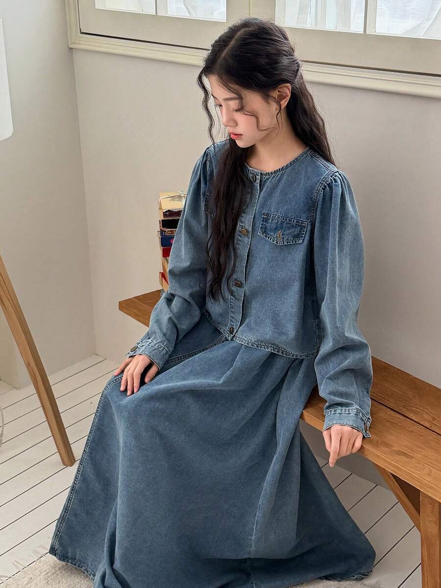 DAZY Teen Girl Casual Front Button Denim Jacket And Denim Skirt Set, Autumn