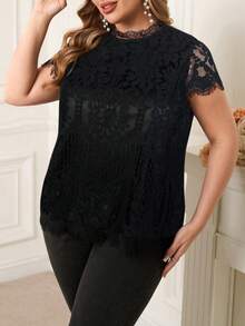 SHEIN Clasi Plus Size Elegant Lace Patchwork Chiffon Blouse, Summer Evening Formal Black Tops - Black - View 4